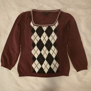 Bette Sung Square-Neck Argyle Sweater Checkered Top in Wine 3/4 Sleeves Size M